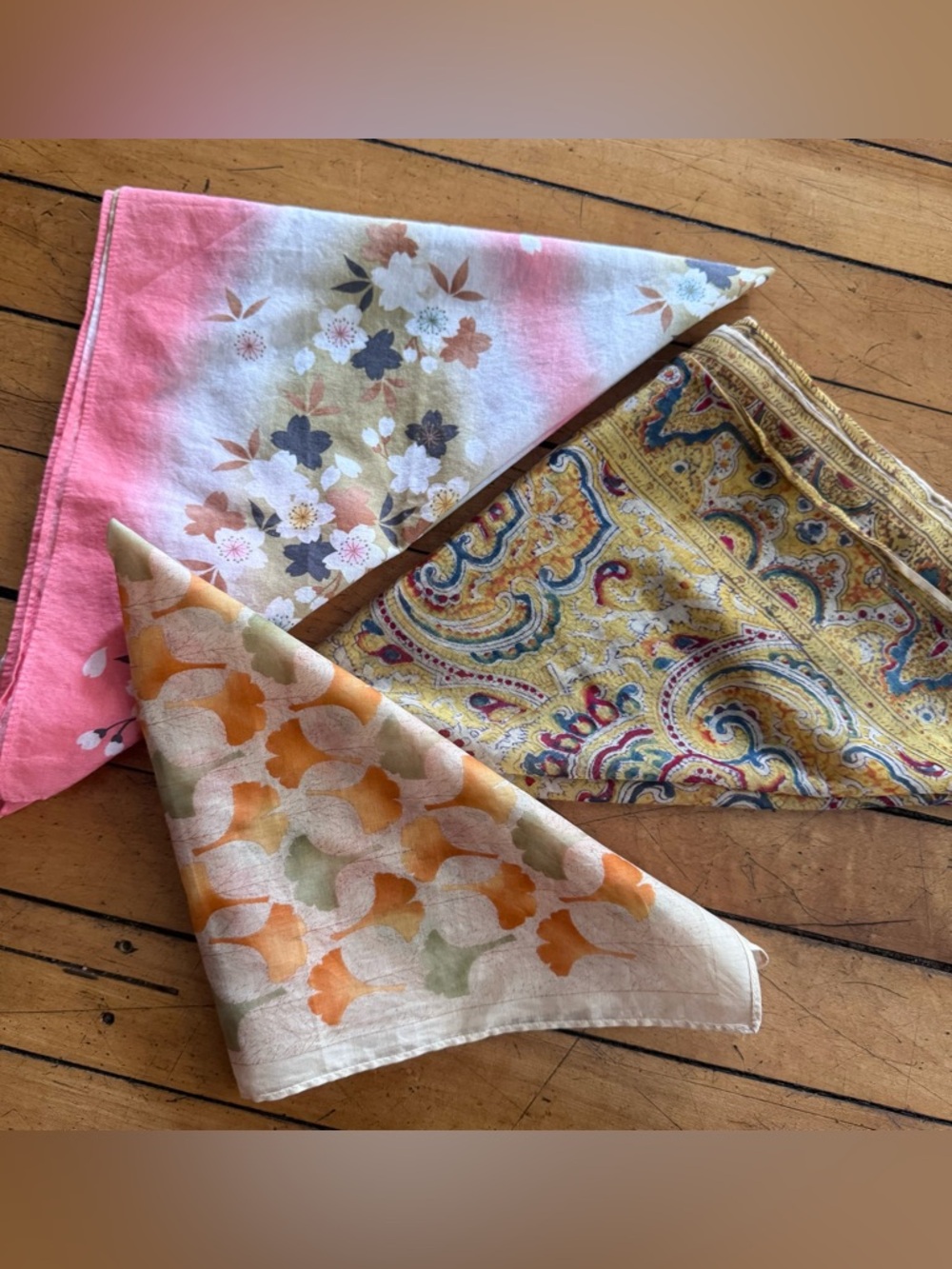 Set of 3 Floral & Paisley Silk Scarves - Pink, Yellow, Orange vintage cotton y2k